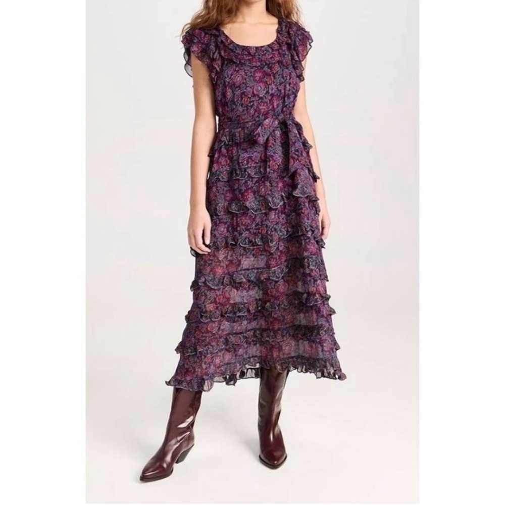 Cleobella Milana Dress in Bordeaux Floral Ruffle Size Small Boho Maxi Dress